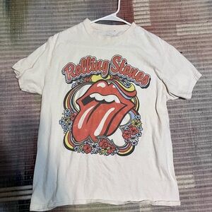 the Rolling Stones White Tee with Red Tongue and Floral Graphic